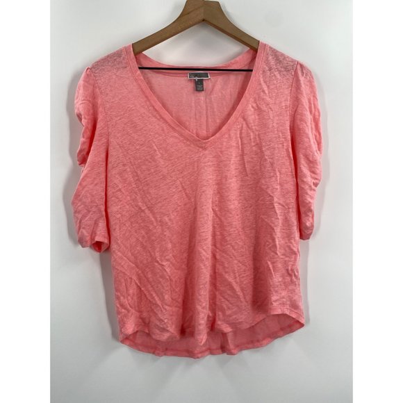 Chelsea28 Pink V Neck Ruched Sleeve Linen Top - Picture 2 of 6